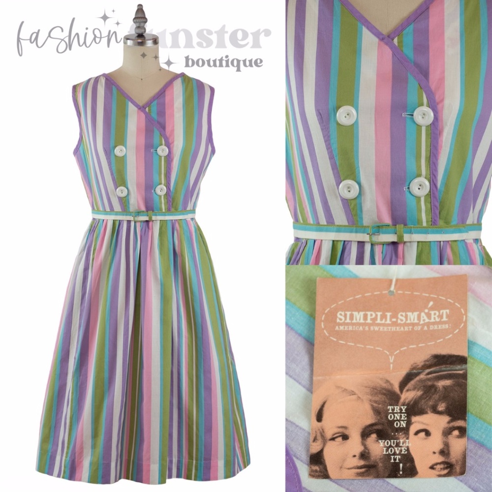 Vintage 1960s Simpli Smart Simplicity Rainbow Candy Stripe Sun Dress